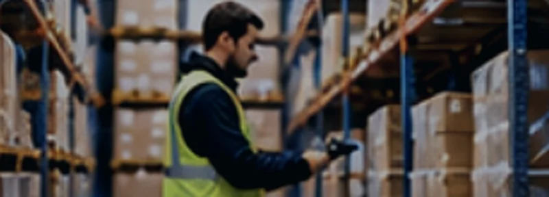 Warehouse employee picking orders with a handheld scanner between high-bay racks