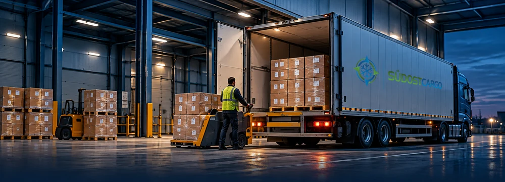 Kühl-Lkw wird an der Rampe mit Pharma-Paletten beladen