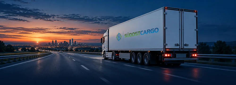 Lkw auf der Autobahn bei Sonnenaufgang