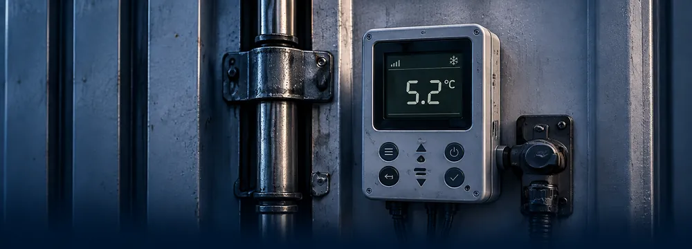 Temperatur-Datenlogger an einem Kühlcontainer